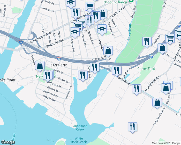 map of restaurants, bars, coffee shops, grocery stores, and more near 62 Carroll Avenue in Bridgeport