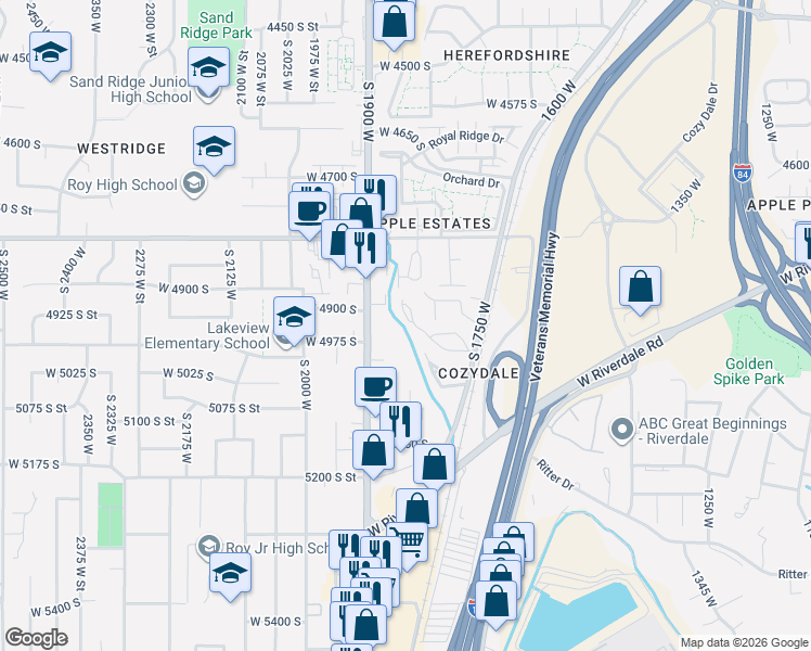 map of restaurants, bars, coffee shops, grocery stores, and more near 1849 West 5050 South in Roy