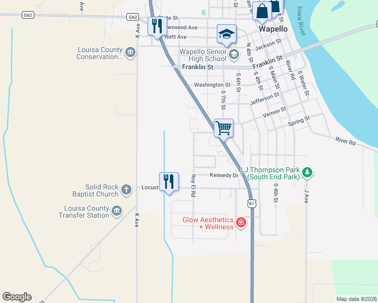 map of restaurants, bars, coffee shops, grocery stores, and more near 100-108 Roy El Road in Wapello