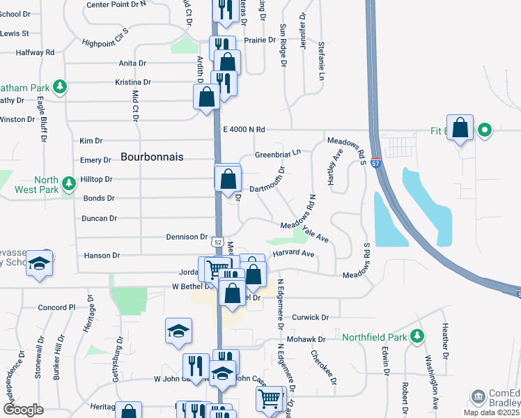 map of restaurants, bars, coffee shops, grocery stores, and more near 1149 Meadows Walk Drive in Bourbonnais