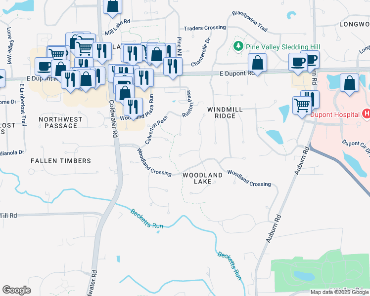 map of restaurants, bars, coffee shops, grocery stores, and more near 1411 Latimer Court in Fort Wayne