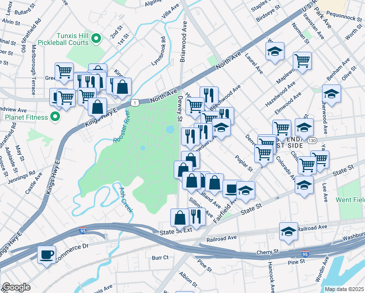 map of restaurants, bars, coffee shops, grocery stores, and more near 341 Lenox Avenue in Bridgeport