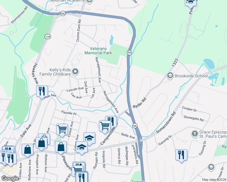 map of restaurants, bars, coffee shops, grocery stores, and more near 11 Robin Street in Ossining