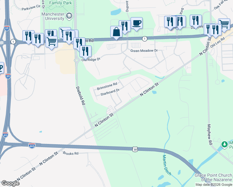 map of restaurants, bars, coffee shops, grocery stores, and more near 9600-9798 Buxton Drive in Fort Wayne