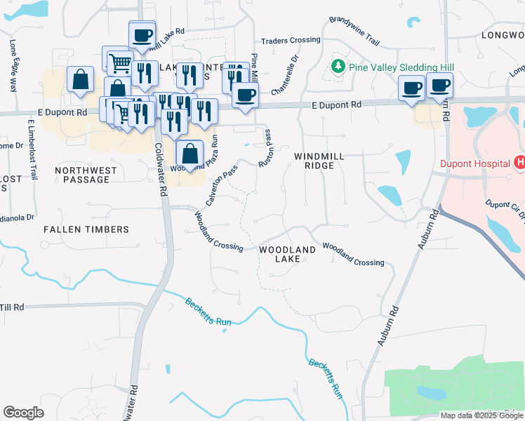 map of restaurants, bars, coffee shops, grocery stores, and more near 1411 Latimer Court in Fort Wayne