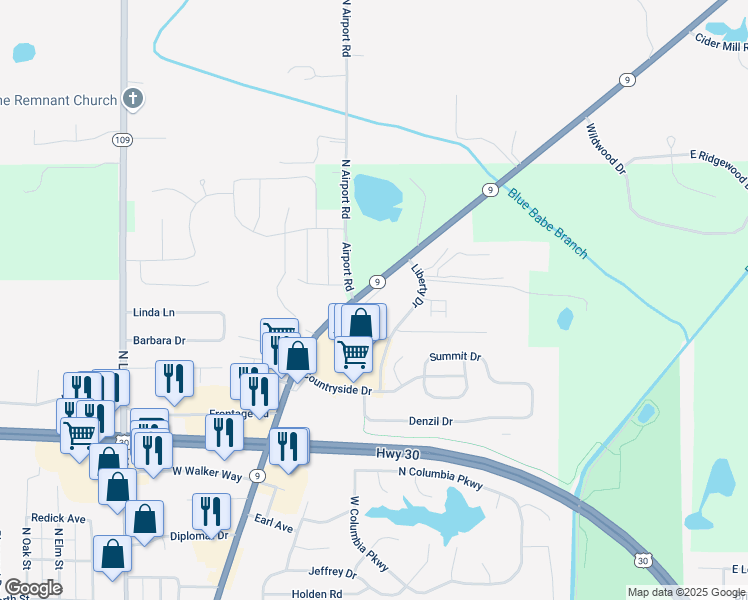 map of restaurants, bars, coffee shops, grocery stores, and more near 762 Indiana 9 in Columbia City