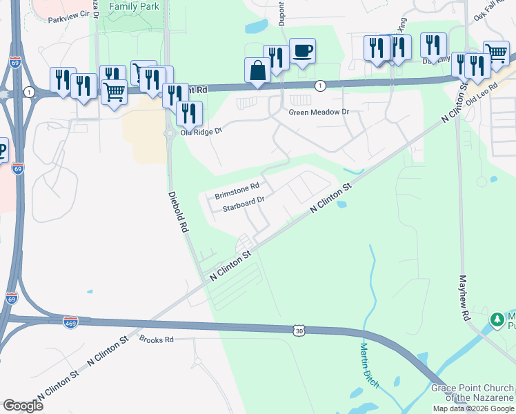 map of restaurants, bars, coffee shops, grocery stores, and more near 9600-9798 Buxton Drive in Fort Wayne