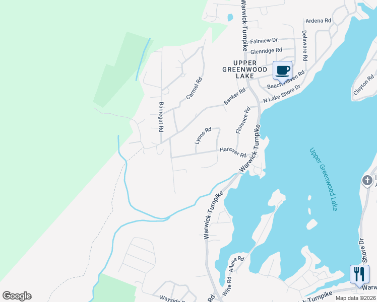 map of restaurants, bars, coffee shops, grocery stores, and more near 58 Hanover Road in West Milford