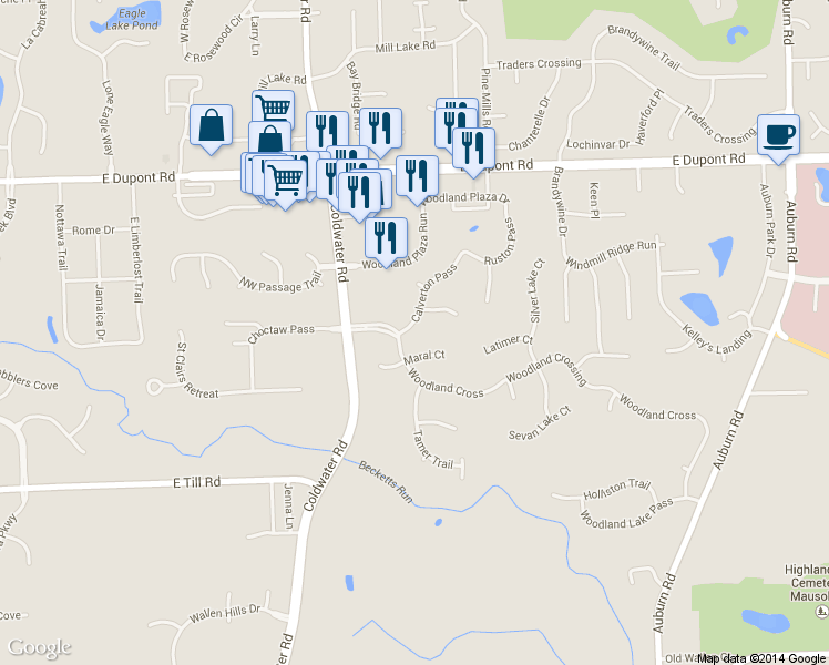 map of restaurants, bars, coffee shops, grocery stores, and more near 10112 Calverton Pass in Fort Wayne