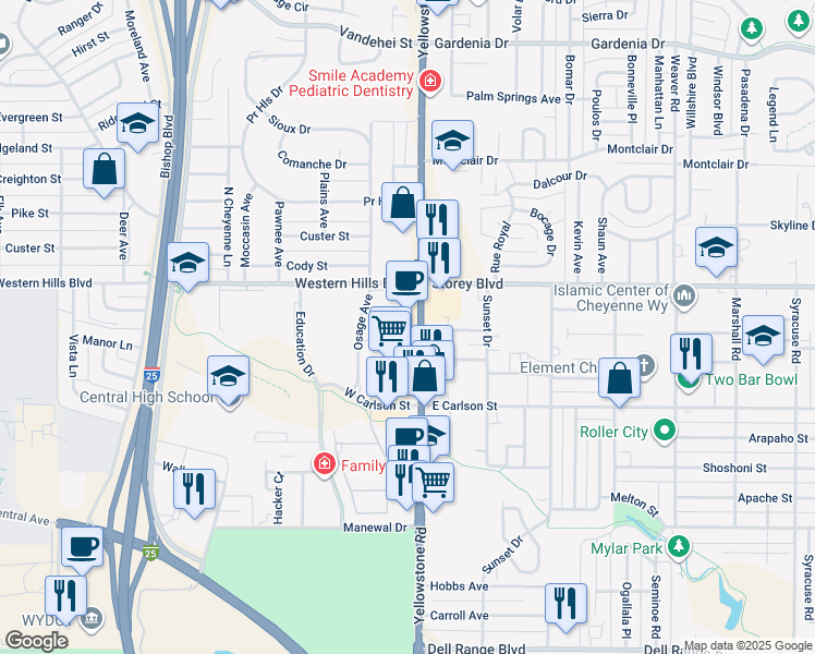 map of restaurants, bars, coffee shops, grocery stores, and more near 5920 Yellowstone Rd in Cheyenne