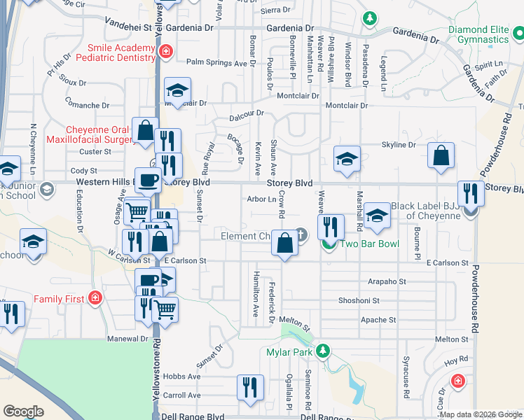 map of restaurants, bars, coffee shops, grocery stores, and more near 334 Appletree Court in Cheyenne