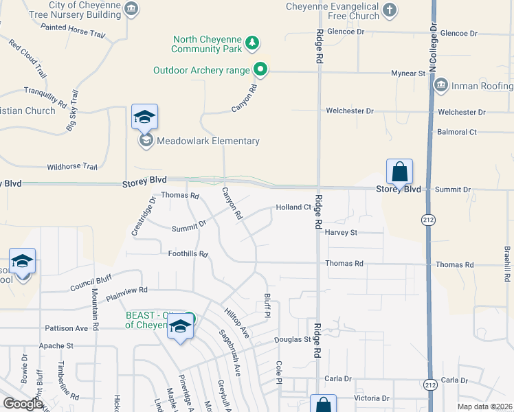 map of restaurants, bars, coffee shops, grocery stores, and more near 3116 Holland Ct in Cheyenne