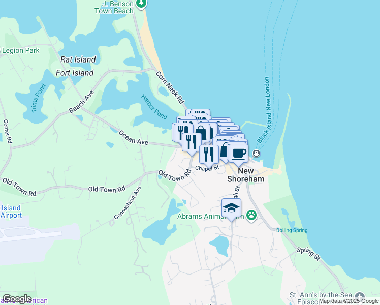 map of restaurants, bars, coffee shops, grocery stores, and more near 18 Old Town Road in New Shoreham
