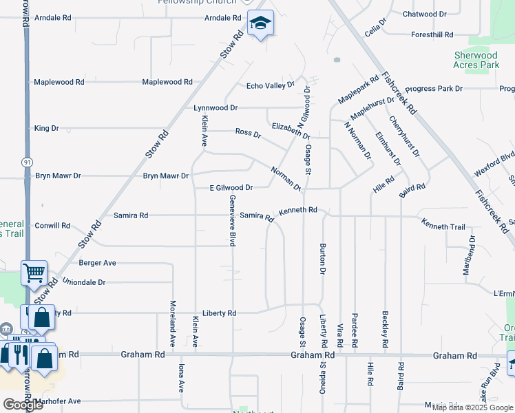 map of restaurants, bars, coffee shops, grocery stores, and more near 2293 Samira Road in Stow