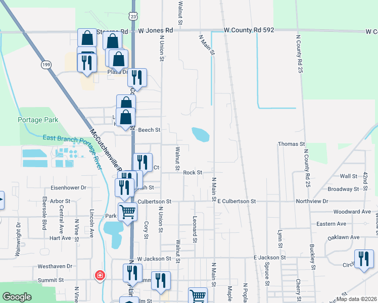 map of restaurants, bars, coffee shops, grocery stores, and more near 240 Thomas Street in Fostoria