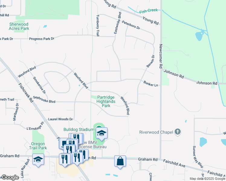 map of restaurants, bars, coffee shops, grocery stores, and more near 3077 Wexford Boulevard in Stow