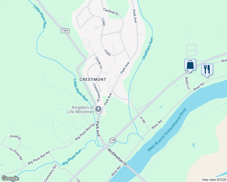 map of restaurants, bars, coffee shops, grocery stores, and more near 10 Harley Drive in Lock Haven