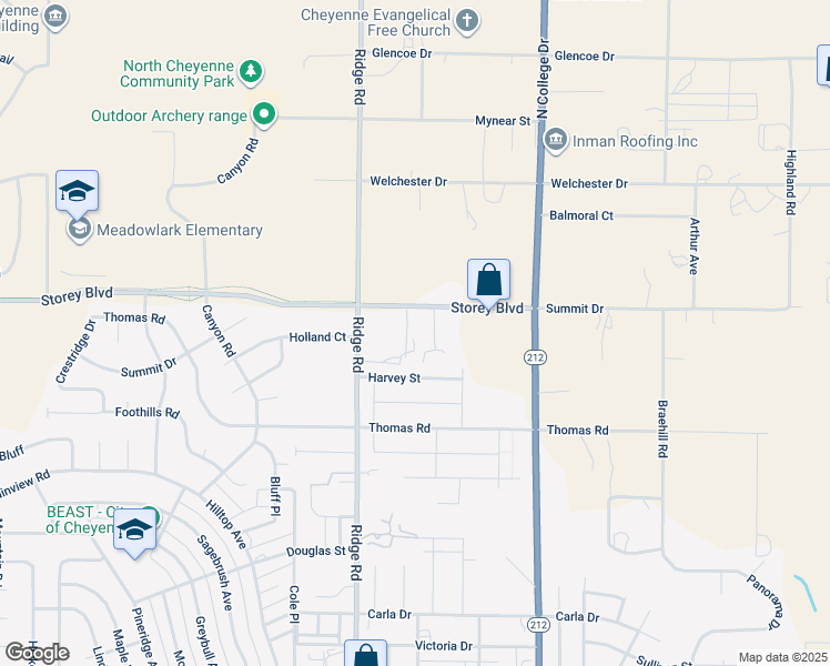 map of restaurants, bars, coffee shops, grocery stores, and more near 3507 Storey Boulevard in Cheyenne