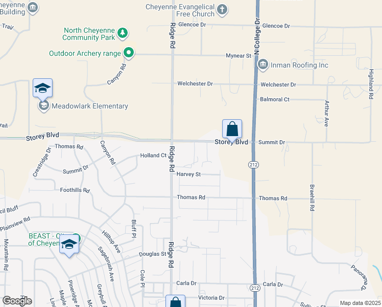 map of restaurants, bars, coffee shops, grocery stores, and more near 3515 Storey Boulevard in Cheyenne