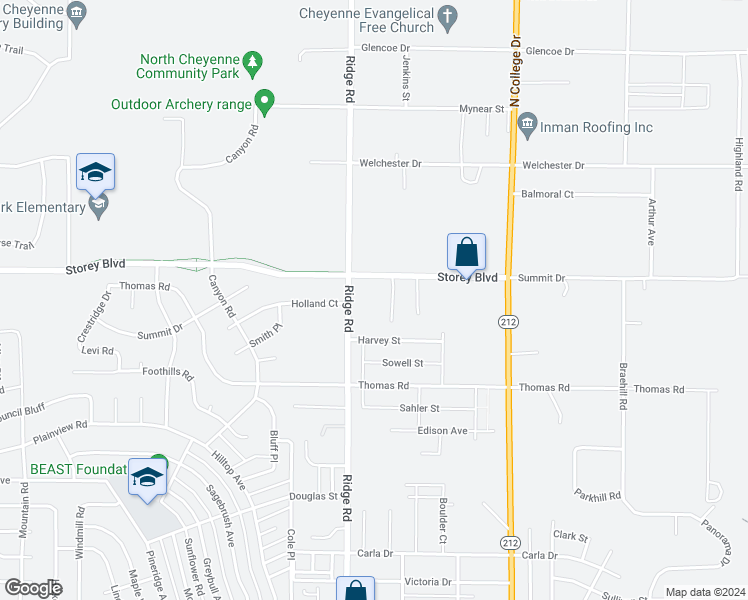 map of restaurants, bars, coffee shops, grocery stores, and more near 3519 Storey Boulevard in Cheyenne