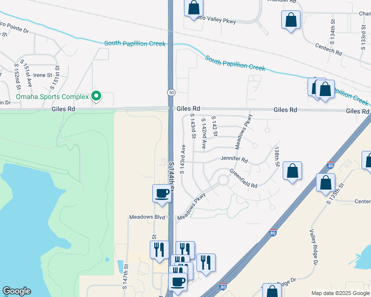 map of restaurants, bars, coffee shops, grocery stores, and more near 8652 South 143rd Avenue in Omaha