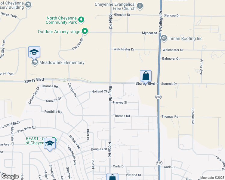 map of restaurants, bars, coffee shops, grocery stores, and more near 3523 Storey Boulevard in Cheyenne