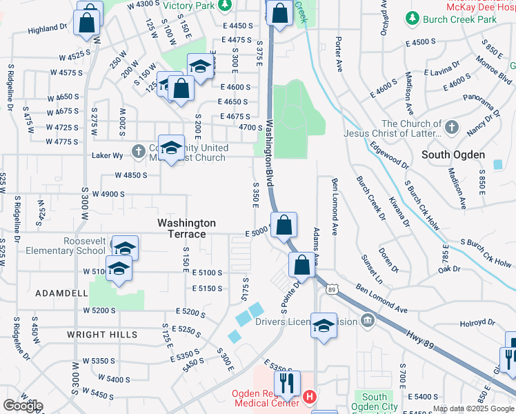 map of restaurants, bars, coffee shops, grocery stores, and more near 4960 South 350 East in Washington Terrace