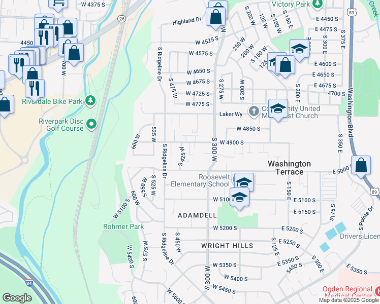 map of restaurants, bars, coffee shops, grocery stores, and more near 4940 South 425 West in Washington Terrace