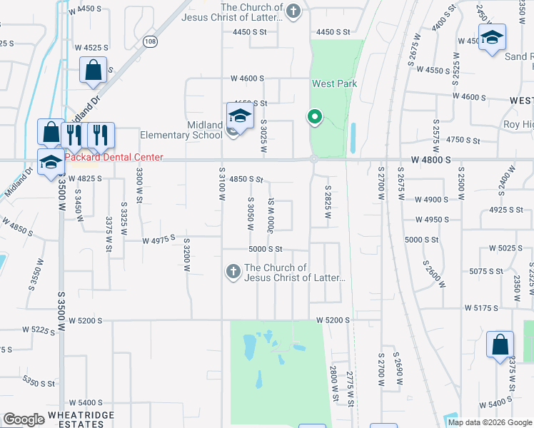 map of restaurants, bars, coffee shops, grocery stores, and more near 4938 3000 West Street in Roy