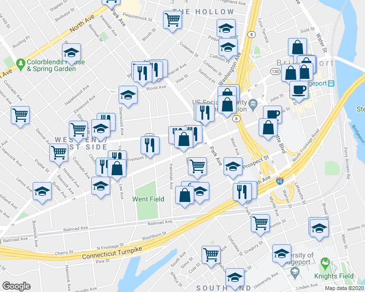 map of restaurants, bars, coffee shops, grocery stores, and more near 812 State Street in Bridgeport