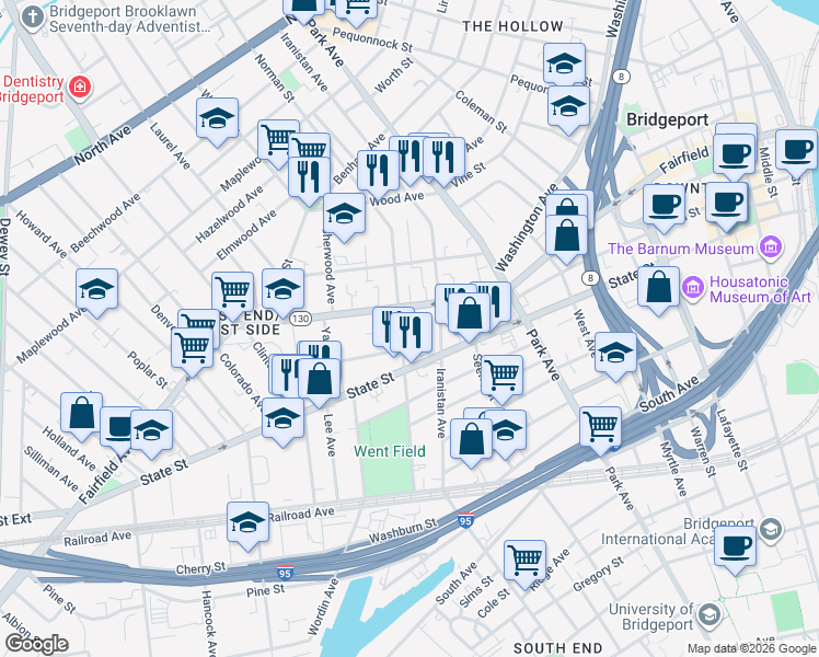 map of restaurants, bars, coffee shops, grocery stores, and more near 325 Norman Street in Bridgeport