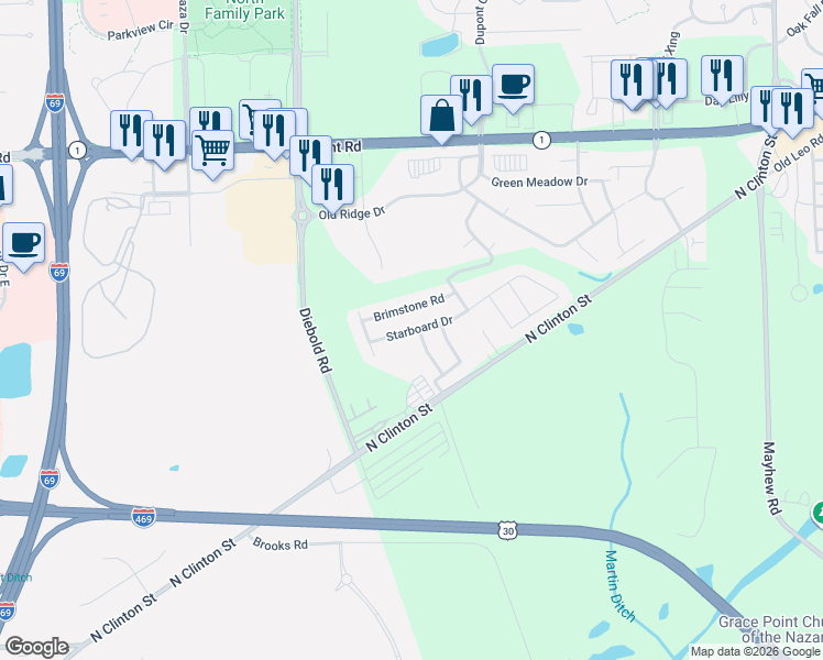 map of restaurants, bars, coffee shops, grocery stores, and more near 9600-9798 Buxton Drive in Fort Wayne