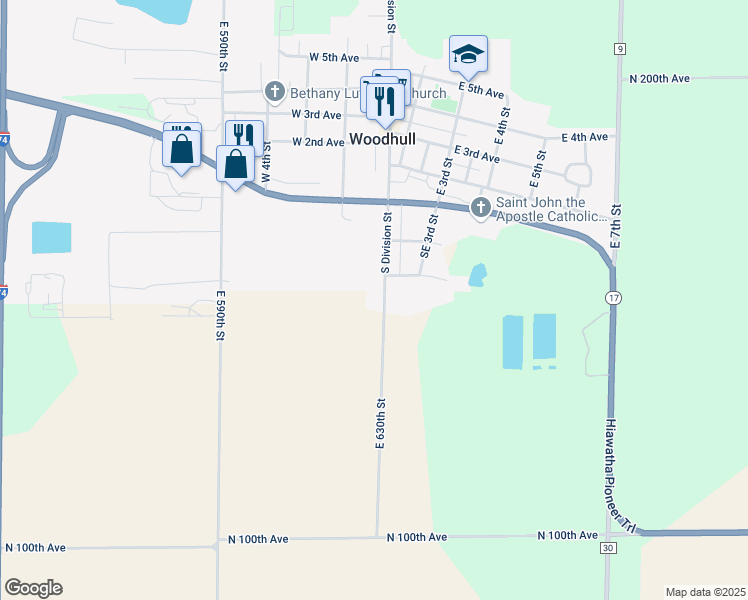 map of restaurants, bars, coffee shops, grocery stores, and more near 341-377 Division St in Woodhull