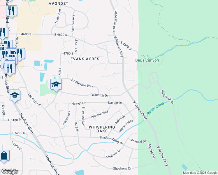 map of restaurants, bars, coffee shops, grocery stores, and more near 4945 Apache Way in Ogden