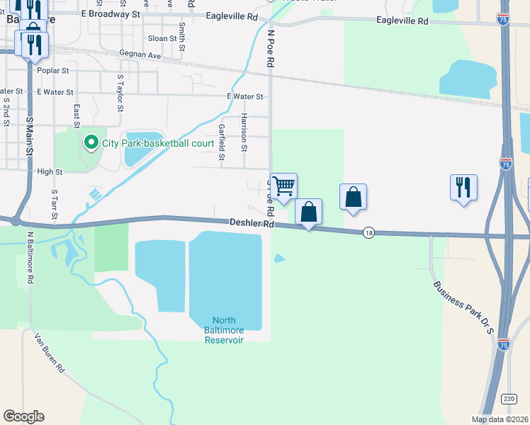 map of restaurants, bars, coffee shops, grocery stores, and more near 655 South Poe Road in North Baltimore