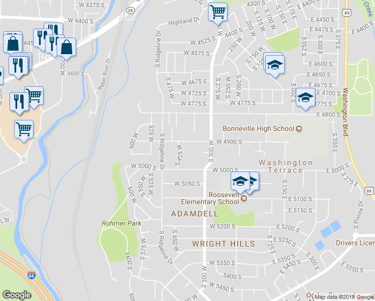 map of restaurants, bars, coffee shops, grocery stores, and more near 383 West 4900 South in Ogden