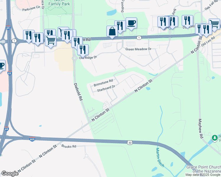 map of restaurants, bars, coffee shops, grocery stores, and more near 4414 Starboard Drive in Fort Wayne