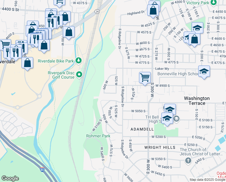 map of restaurants, bars, coffee shops, grocery stores, and more near 534 4925 South Street in Riverdale