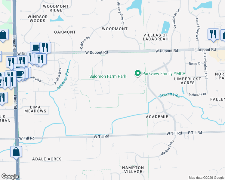 map of restaurants, bars, coffee shops, grocery stores, and more near Salomon Farm Trail in Fort Wayne