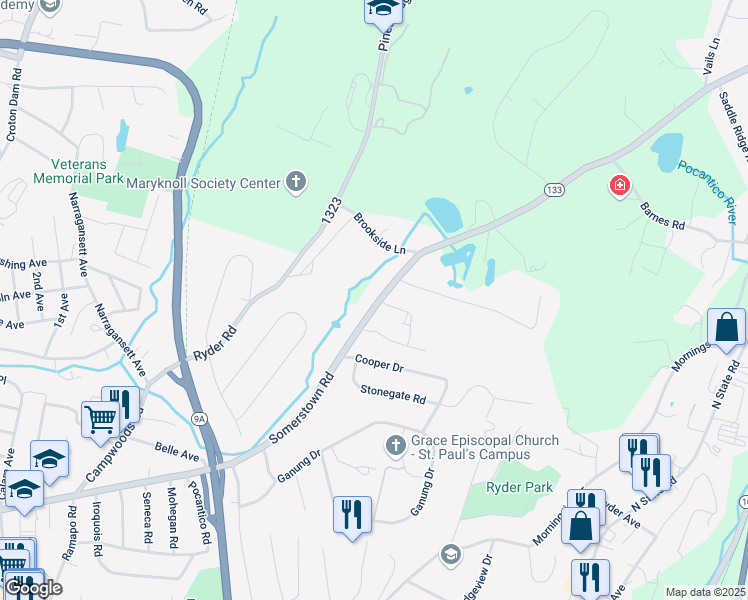 map of restaurants, bars, coffee shops, grocery stores, and more near 43 Somerstown Road in Ossining