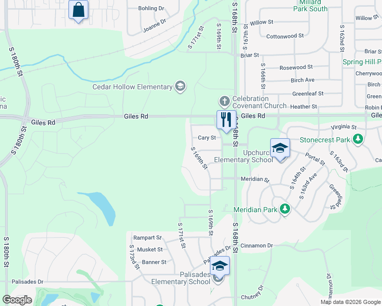 map of restaurants, bars, coffee shops, grocery stores, and more near 8428 South 169th Street in Omaha
