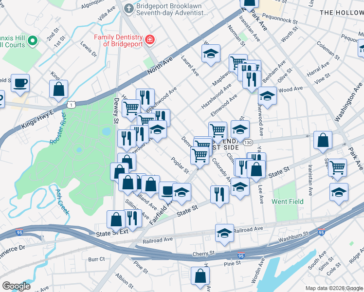 map of restaurants, bars, coffee shops, grocery stores, and more near 912-914 Howard Avenue in Bridgeport