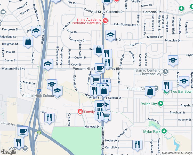 map of restaurants, bars, coffee shops, grocery stores, and more near 5920 Yellowstone Road in Cheyenne
