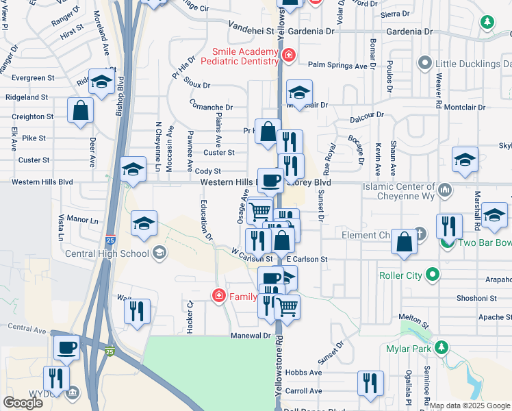 map of restaurants, bars, coffee shops, grocery stores, and more near 147 Brookfield Court in Cheyenne