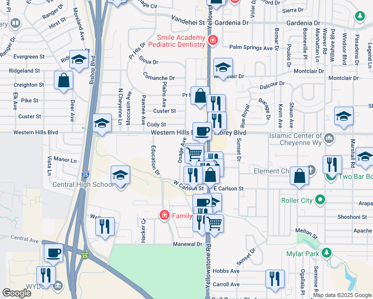 map of restaurants, bars, coffee shops, grocery stores, and more near 147 Brookfield Court in Cheyenne