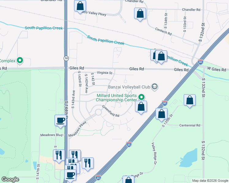 map of restaurants, bars, coffee shops, grocery stores, and more near 13911 Lisa Circle in Omaha