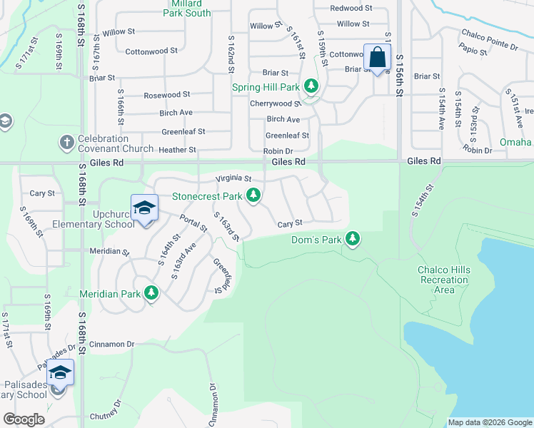 map of restaurants, bars, coffee shops, grocery stores, and more near 16039 Cary Street in Omaha