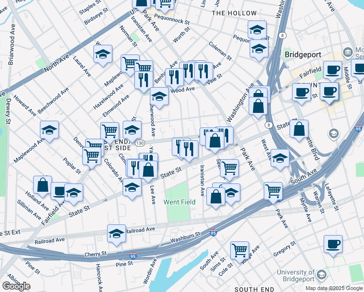 map of restaurants, bars, coffee shops, grocery stores, and more near 325 Norman Street in Bridgeport