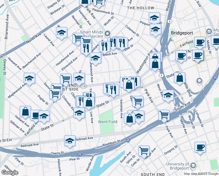 map of restaurants, bars, coffee shops, grocery stores, and more near 111 Norman Street in Bridgeport
