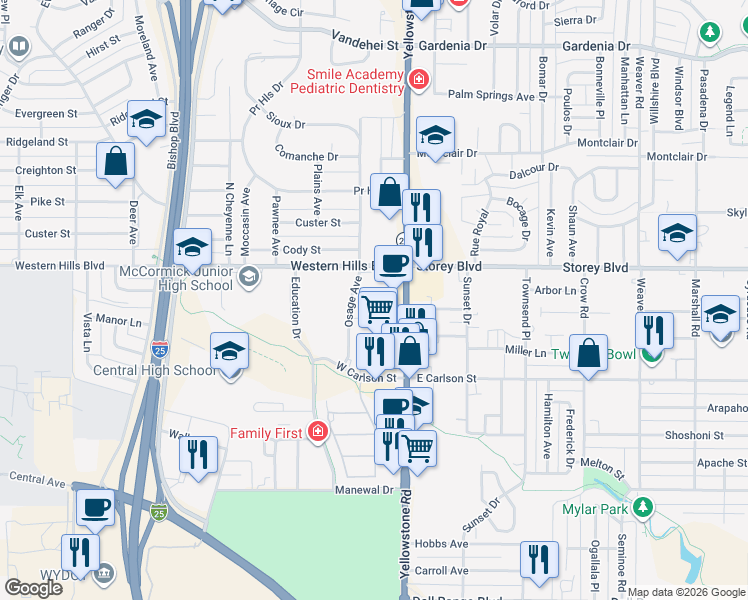 map of restaurants, bars, coffee shops, grocery stores, and more near 100 Brookfield Court in Cheyenne